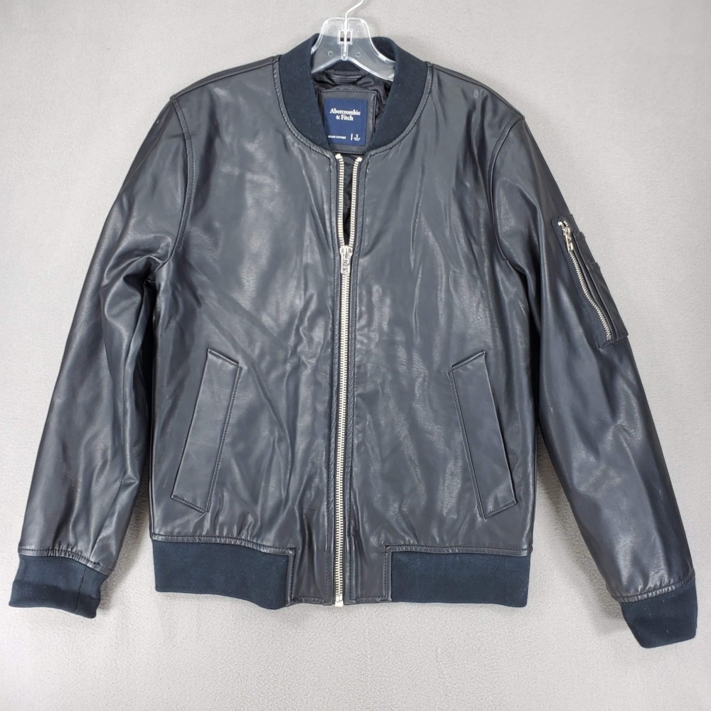 Abercrombie & Fitch Bomber Jacket Women S Black Vegan Leather Full Zip Ribbed
